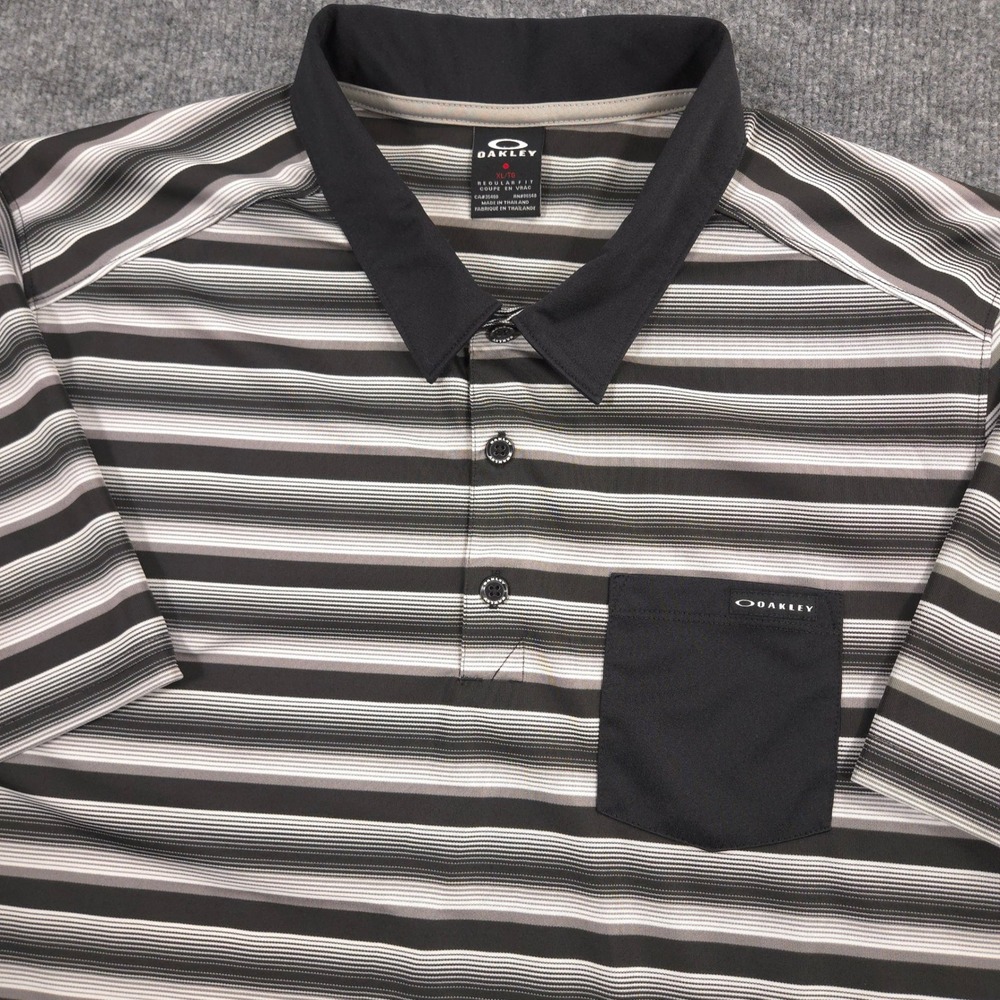 Oakley Polo Shirt Mens XL Black Gray Striped Lightweight Performance Golf Preppy